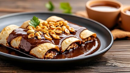 Fototapeta premium Enchiladas drizzled with mole sauce and topped with crushed peanuts, served on a black plate with two cups in the background. Concept Mouthwatering Enchiladas, Rich Mole Sauce