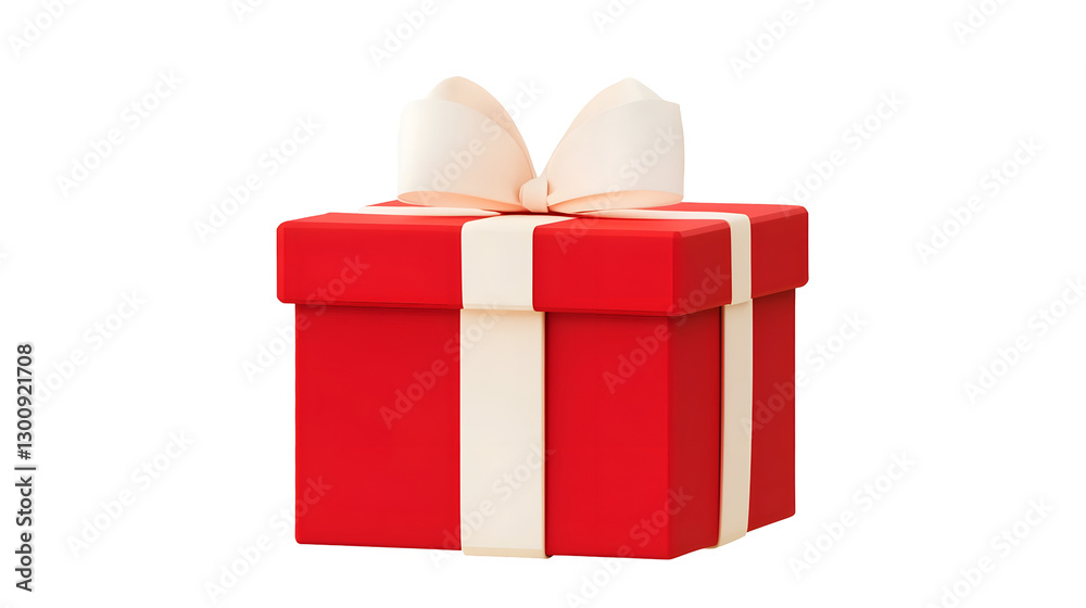 Poster sophisticated minimalist 3d red gift box with matte texture and soft white ribbon isolated on transp
