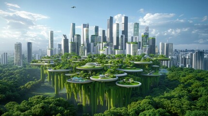 Fototapeta premium Futuristic city, green, aerial view, floating islands.