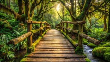 Obraz premium Wooden Footbridge Through Lush, Moss-Covered Forest With Sunlight Streaming Through Canopy
