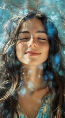Serene woman, sunlit hair, outdoor peace