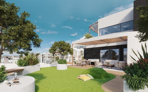 Terraza verde en edificio con vista a la ciudad, 3d render