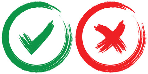 Check mark and cross mark icons. Grunge check mark and cross symbols. Hand drawn dry brush strokes checklist icons. Two dirty grunge hand drawn with brush strokes cross. Design eps 10. 