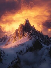 Obraz premium A majestic mountain peak at sunrise, snow-covered peaks illuminated by the first rays of sunlight