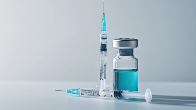Medical syringes and vials containing fluid on white background