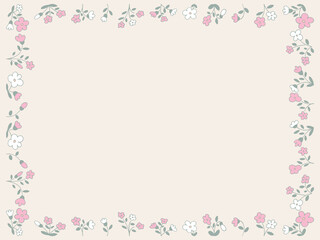 Spring light soft muted background. Frame of flowers, floral plants, leaves. Elegant aesthetic stylish beautiful romantic flower pattern. Hand drawing doodles of botanical elements. Space for text