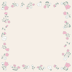 Spring light soft muted background. Frame of flowers, floral plants, leaves. Elegant aesthetic stylish beautiful romantic flower pattern. Hand drawing doodles of botanical elements. Space for text