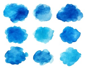 Blue watercolor stains collection on white backdrop
