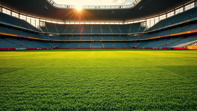 Vibrant green soccer field in an empty modern stadium at sunset.