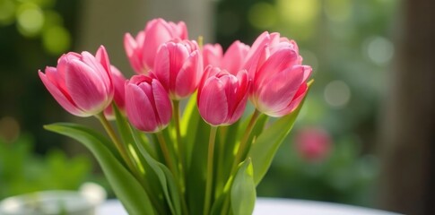 Fototapeta premium Pink tulips in a simple yet elegant arrangement, table, garden