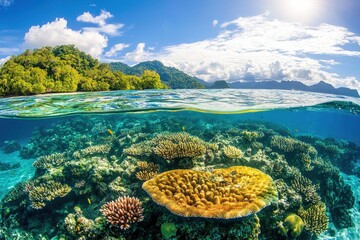 Naklejka premium Bird's-eye view of a coral reef teeming with marine life in crystal-clear waters