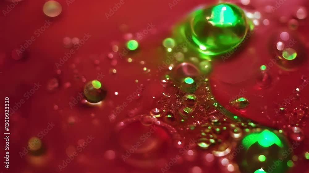Aufkleber Dynamic drops of green glitter in red oil or ink diffusing through water, creating an abstract aquatic swirls