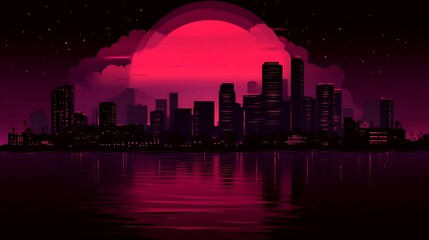 Fototapeta premium City Skyline Reflected in Water Under a Crimson Moon