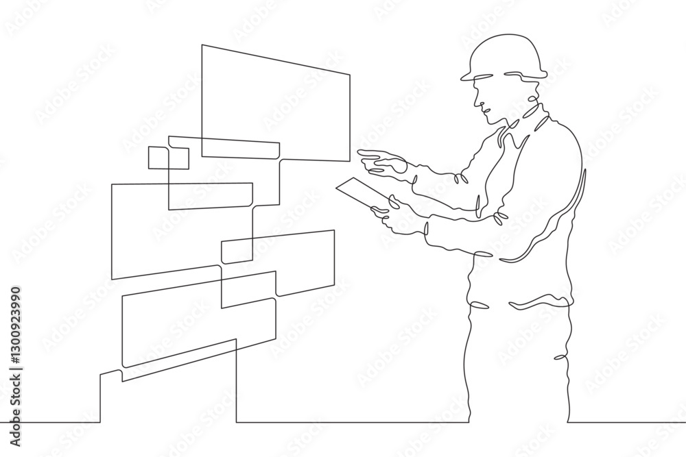 Poster continuous one line drawing it engineer and server. engineer services network equipment. computer te