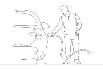 Obraz premium Continuous one line drawing electric vehicle charging. High technology. Clean energy. Electric transport. One continuous line isolated minimal illustration.Not AI.