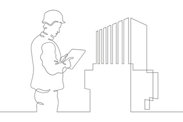 Continuous one line drawing IT engineer and server. Engineer services network equipment. Computer technician with tablet.