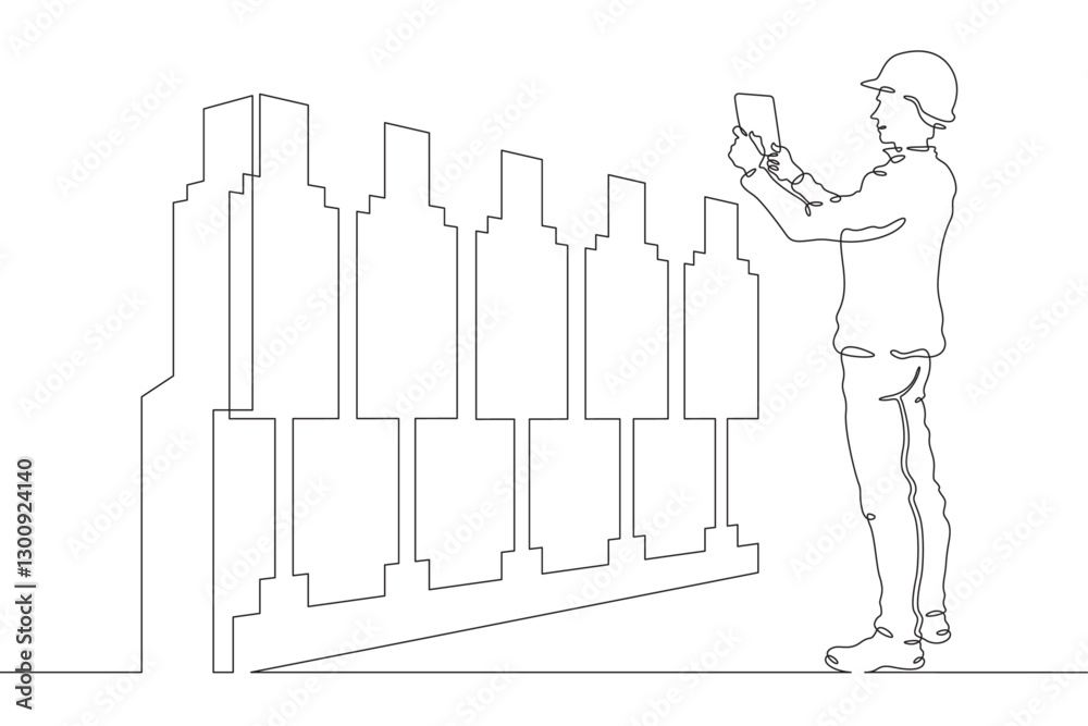 Poster continuous one line drawing it engineer and server. engineer services network equipment. computer te