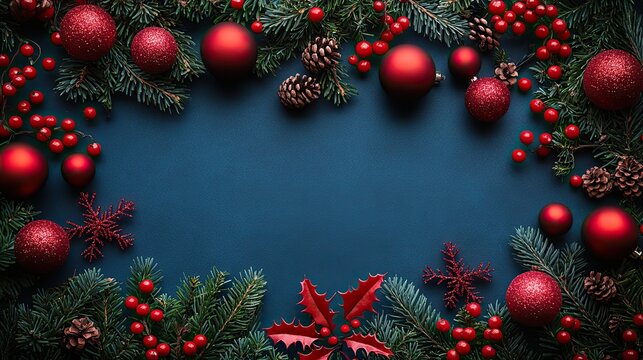 Felicitations top view trinkets, baubles, holly, snowflakes on blue with space for text.