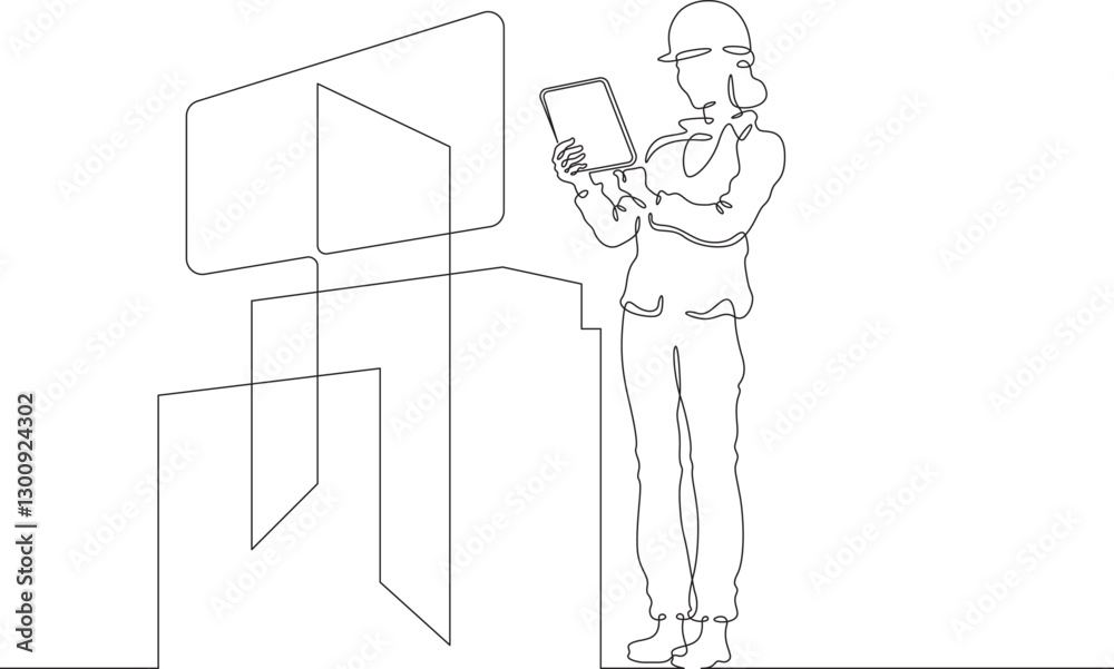 Poster continuous one line drawing it engineer and server. engineer services network equipment. computer te