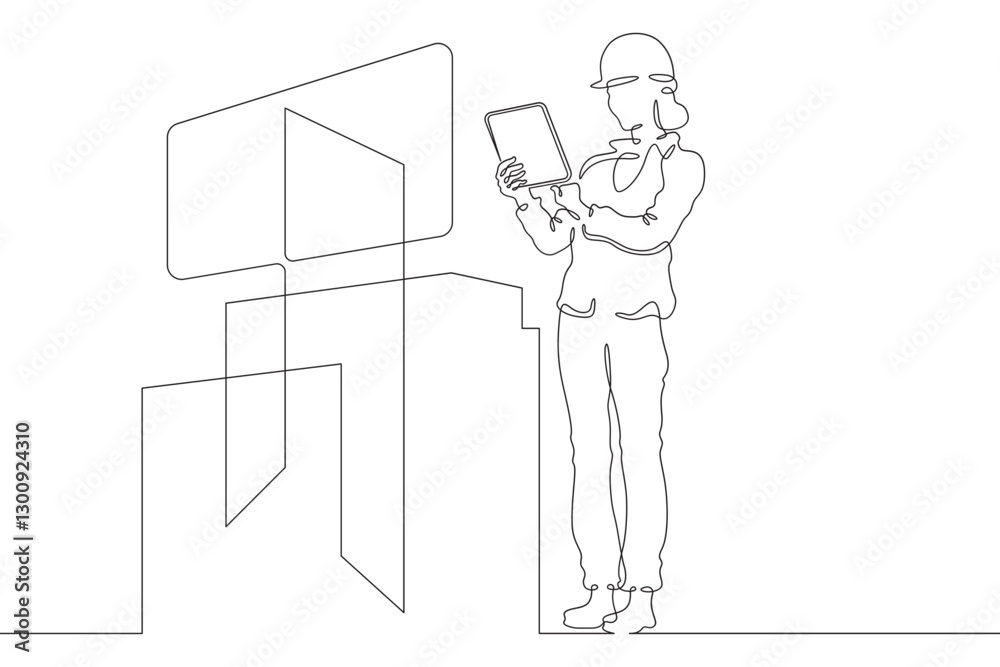 Poster continuous one line drawing it engineer and server. engineer services network equipment. computer te