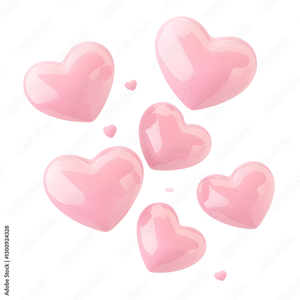 Poster beautiful 3d cartoon of multiple floating pink hearts with a glossy finish and soft reflections gent