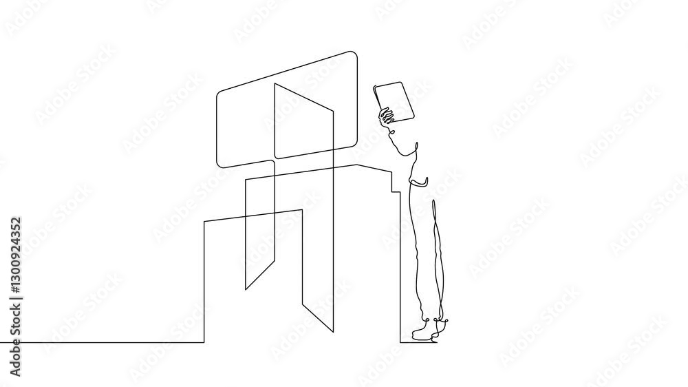 Poster continuous one line drawing it engineer and server. engineer services network equipment. computer te
