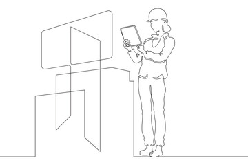 Continuous one line drawing IT engineer and server. Engineer services network equipment. Computer technician with tablet.
