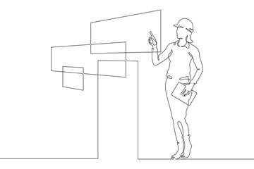 Continuous one line drawing IT engineer and server. Engineer services network equipment. Computer technician with tablet.