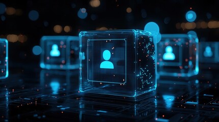 Futuristic Data Representation of User Profiles in Digital Cubes with Blue Glow and Technology Background