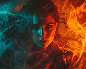 Woman in fire and smoke portrait