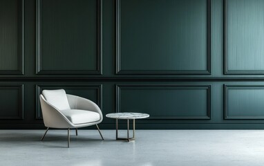 Empty modern room with dark green panelling and white armchair and table.  Possible use interior design stock photo