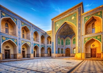 Obraz premium Tashkent Barak Khan Madrasah Courtyard Portrait Photography: Stunning Architectural Detail & Historical Charm