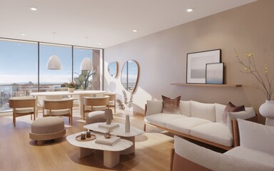 Sala moderna con vista a la ciudad, 3d render