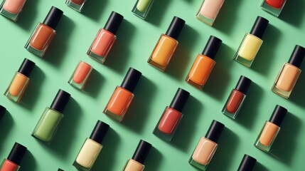 Inclusive cosmetics pattern on green background. A stylish arrangement of colorful nail polish bottles on a green background, showcasing a variety of shades and textures.