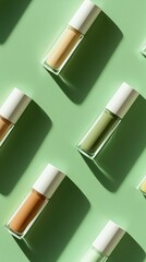 Obraz premium Inclusive cosmetics pattern on green background. The image features an arrangement of various colored nail polish bottles on a soft green background, showcasing a modern and vibrant aesthetic.