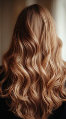 Naklejka premium Wavy hair with balayage highlights showcasing luxury and natural beauty in a warm setting