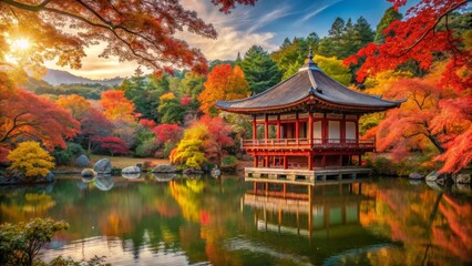 Fototapeta premium Serene Autumnal Pavilion Reflecting in Still Waters, Surrounded by Vibrant Maple Trees and Lush Greenery Under a Sunset Sky