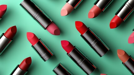 Inclusive cosmetics pattern on green background. A vibrant array of lipsticks in various shades displayed on a teal background, showcasing a perfect mix of red, pink, and nude tones.