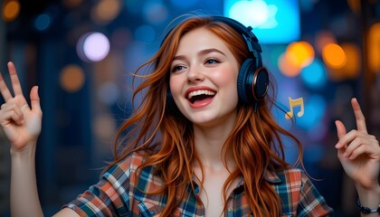 Funny hipster teenager ginger girl wearing audio stereo wireless headphones enjoying listening to new cool music and dancing