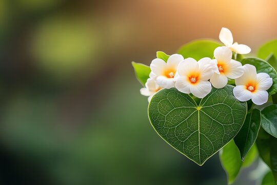 Close-up of delicate white flowers on heart-shaped leaf with a soft blurred background showcasing natural beauty.