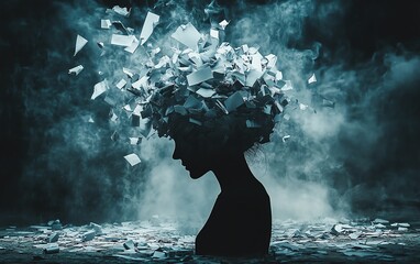 Obraz premium Mental health and emotions, silhouette of troubled head with waste paper, symbolizing mental clutter and emotional turmoil, stress and anxiety, dark and intense atmosphere