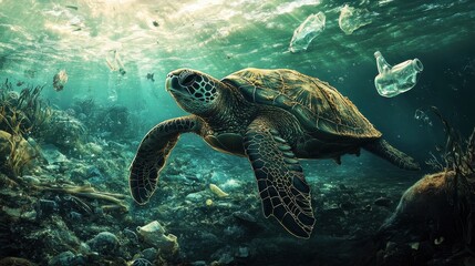 Fototapeta premium A sea turtle swims underwater with plastic pollution nearby