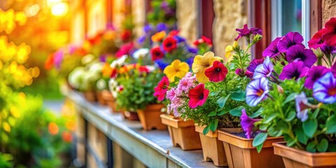 Fototapeta premium Tilt-Shift Petunia Window Box Flowers, Miniature Floral Garden, Blooming Petunias in Pots, Charming Windowsill Plants