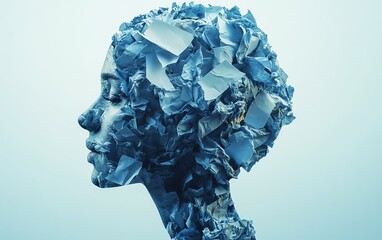Mental health concept, silhouette of head filled with crumpled waste paper, representing anxiety, stress, emotional overload, mental clutter, and psychological struggle