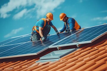 Two workers installing solar panels on a roof.