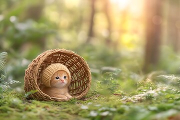 Kitten in basket, forest setting. Cute and idyllic