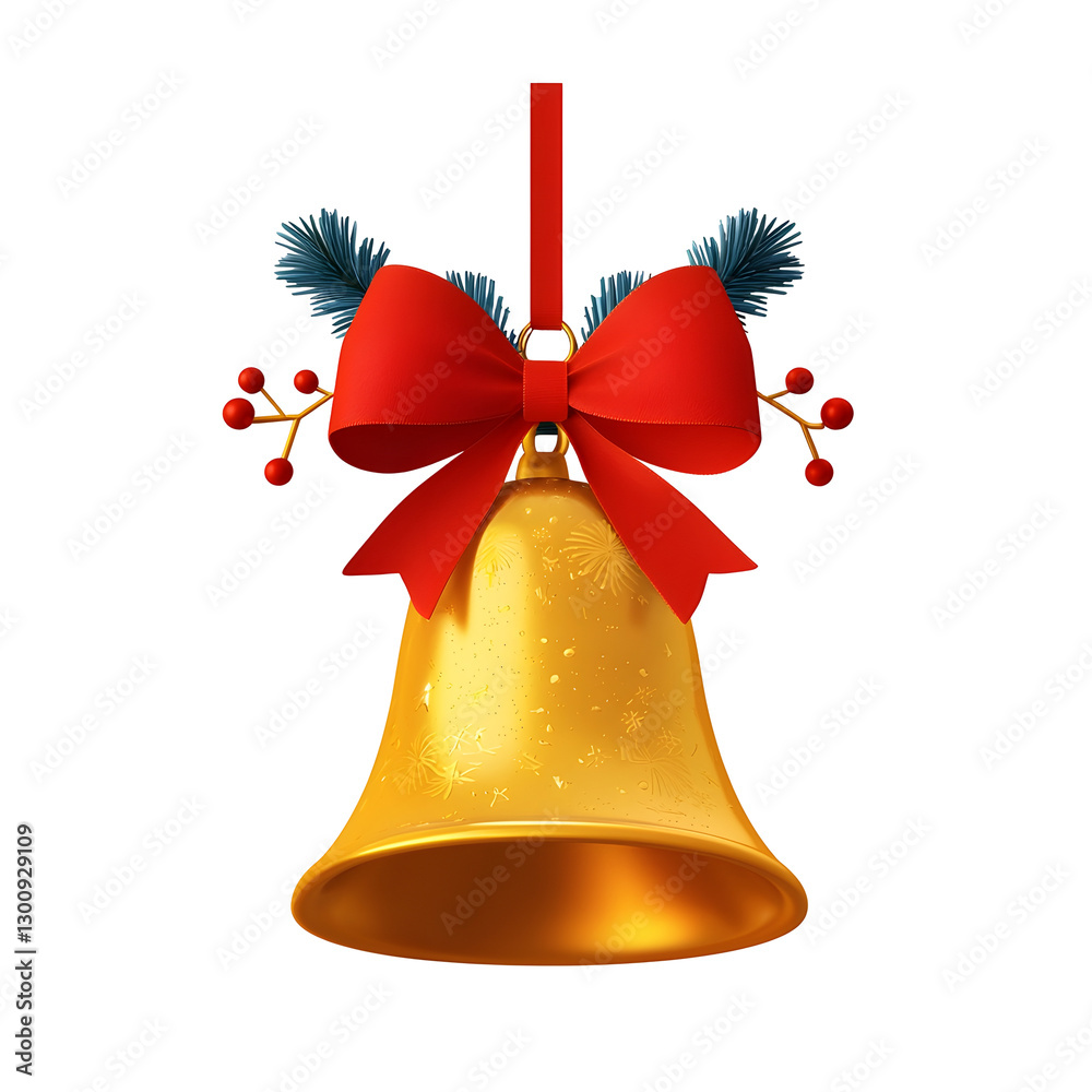 Aufkleber shiny golden bell with silky red ribbon in a 3d cartoon smooth metallic reflections and a festive ho