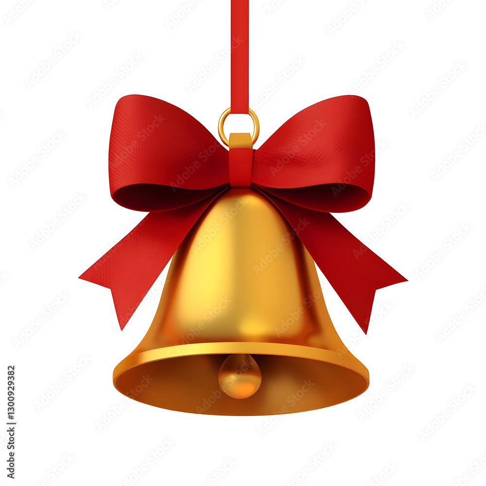 Poster playful 3d of a festive golden bell with a neatly tied red ribbon featuring a soft glow and polished