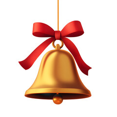 Playful 3D of a festive golden bell with a neatly tied red ribbon featuring a soft glow and polished surface perfect for holiday Isolated on a transparent background