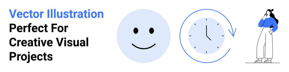 Smiling face, clock with circular arrow, and woman pondering highlight time, positivity, and introspection. Ideal for mental health, time management, creativity, wellness productivity